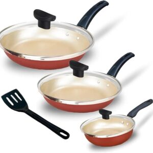 Kit Com 3 Frigideiras Com Tampa de Vidro - Antiaderente - 14cm, 18cm e 22cm