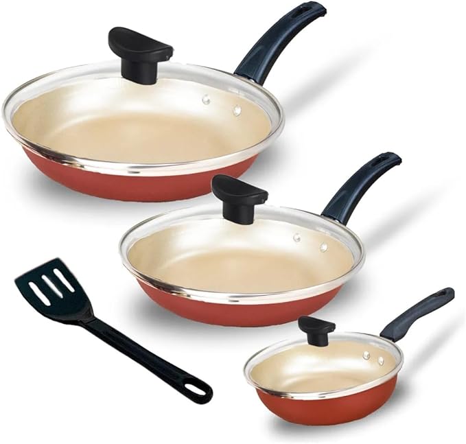 Kit Com 3 Frigideiras Com Tampa de Vidro - Antiaderente - 14cm, 18cm e 22cm