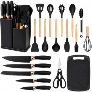 Kit Utensílios 19 Peças em Silicone para Cozinha, + Facas, Antiaderante, Resistente ao Calor, Cabo de Madeira, Livre de BPA - Organizador Compacto Sofisticado, Conjunto Completo (Preto)